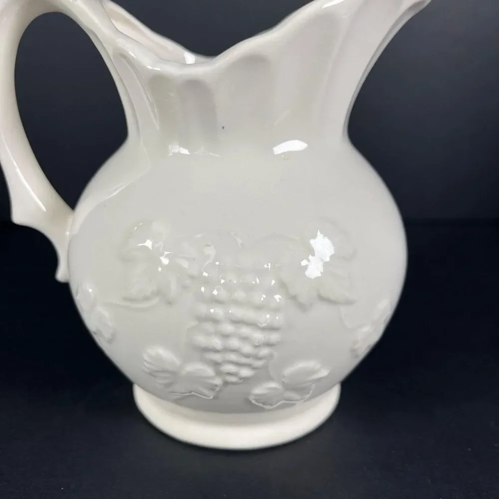 1950s Artmark Japan White Ceramic Pitcher Grape Leaf Embossed FLAW READ